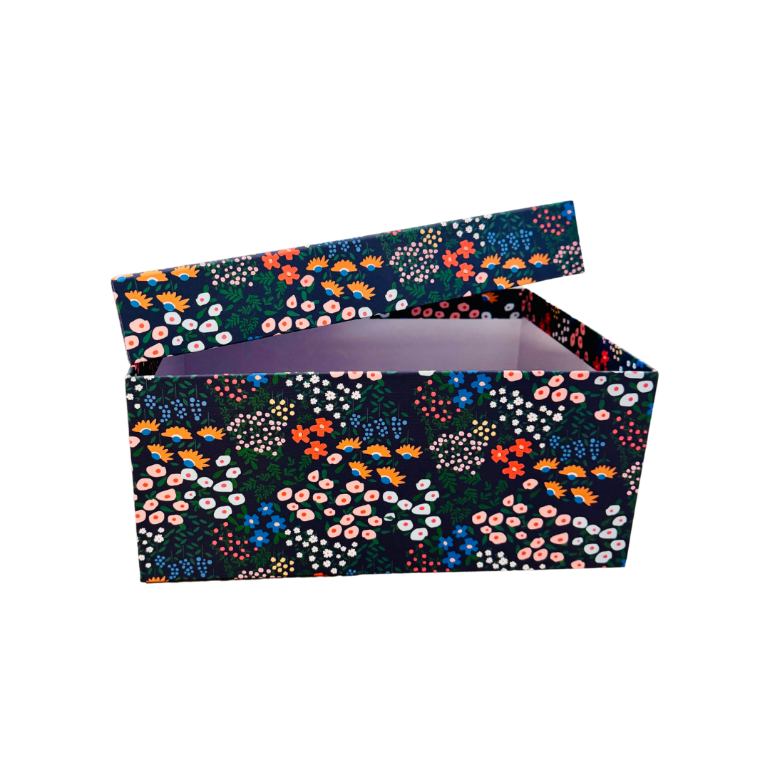 Caja Regalo Cartón Grande Flores Azul Oscuro