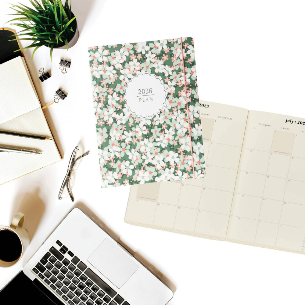 Agenda 2026 Green Floral 18 Meses - Vista Mensual