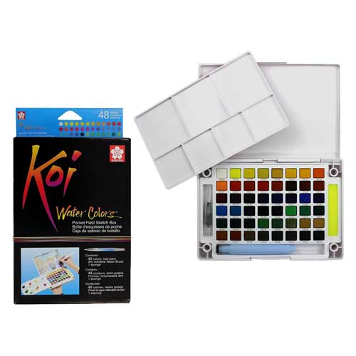 Set Acuarelas en Pastillas Koi 48 colores con water brush