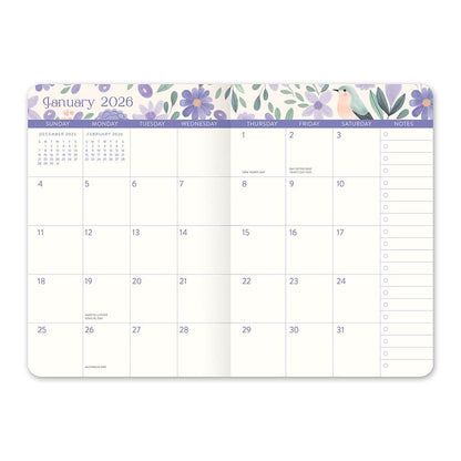 Agenda 2026 Pájaros y Flores 17 Meses - Vista Mensual