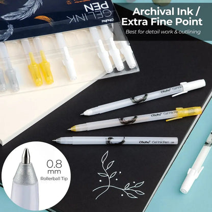Set de 12 bolígrafos de gel dorados, plateados y blanco