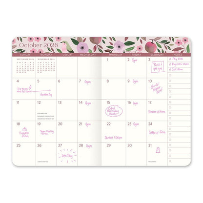 Agenda 2026 Pájaros y Flores 17 Meses - Vista Mensual