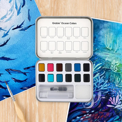 Set acuarelas de bolsillo de 12 colores con pincel- Oceáno