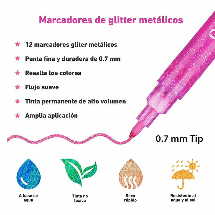 Set de 12 Marcadores Glitter punta fina