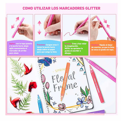 Set de 12 Marcadores Glitter punta fina
