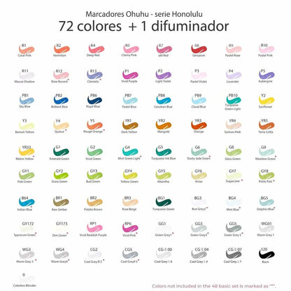 Set 72 Marcadores de Alcohol Punta Pincel  Y Biselada +1 blender Serie Honolulu
