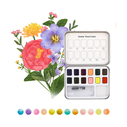 Set acuarelas de bolsillo de 12 colores con pincel- Florales