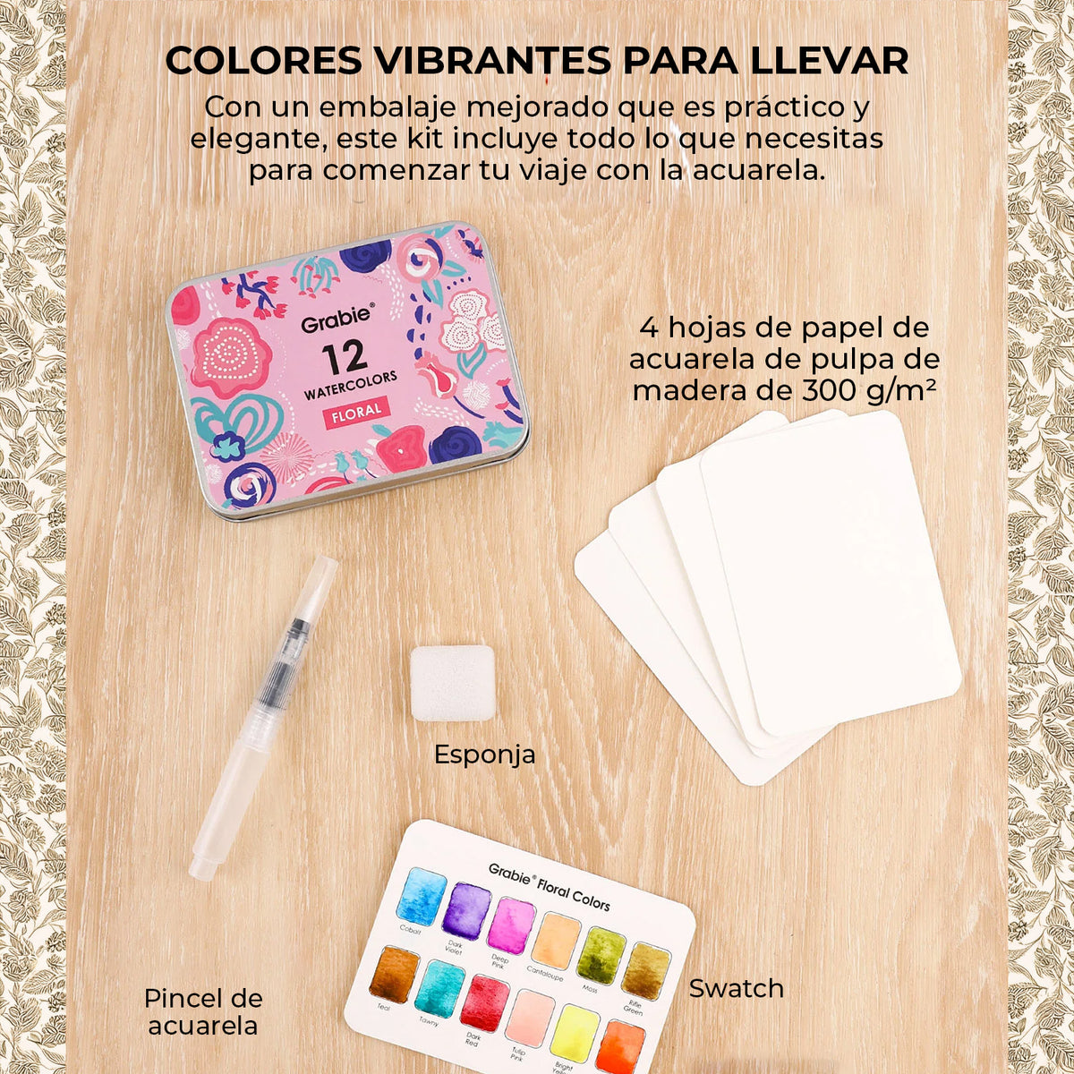 Set acuarelas de bolsillo de 12 colores con pincel- Florales