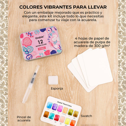 Set acuarelas de bolsillo de 12 colores con pincel- Florales