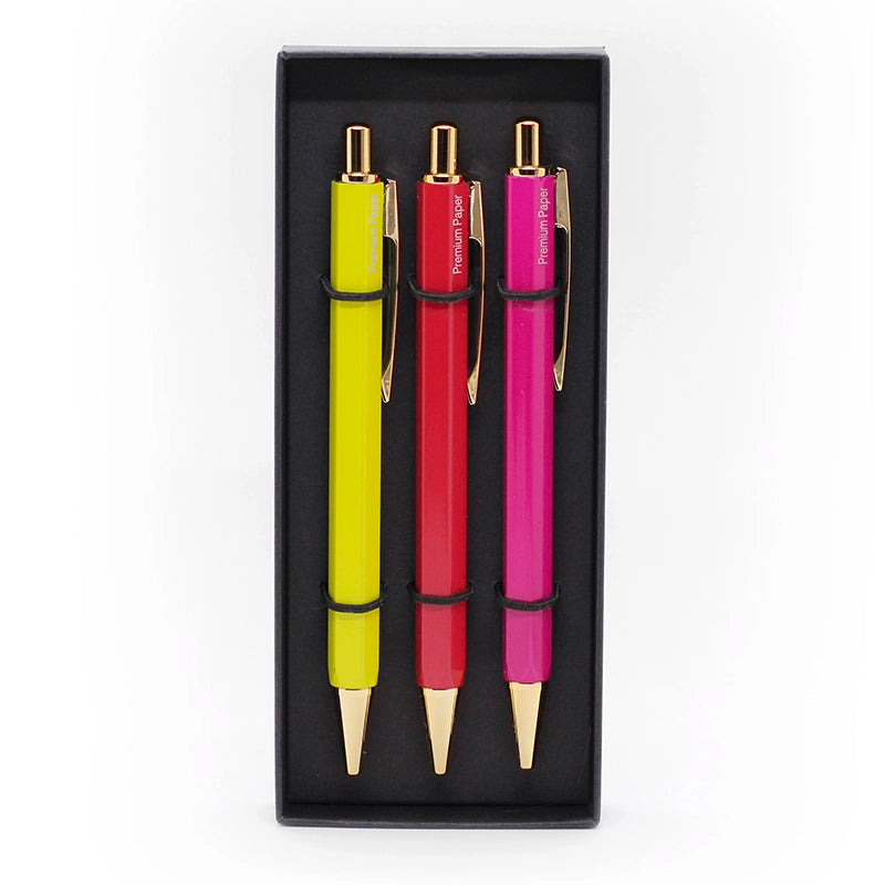 Set 3 Bolígrafos Hexagonales: Amarillo - Rojo - Fucsia