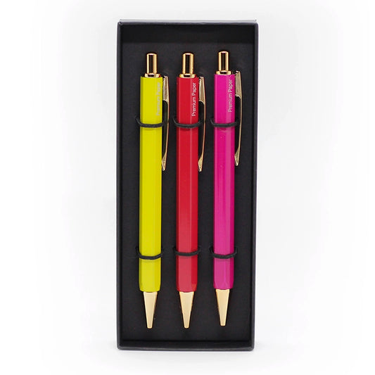 Set 3 Bolígrafos Hexagonales: Amarillo - Rojo - Fucsia