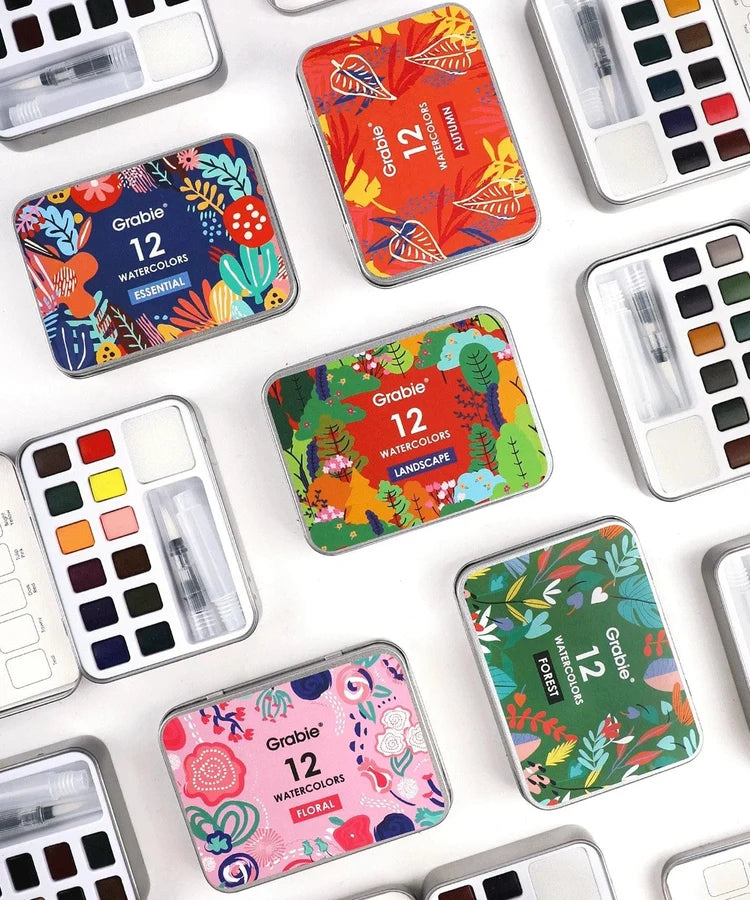 Set acuarelas de bolsillo de 12 colores con pincel- Florales