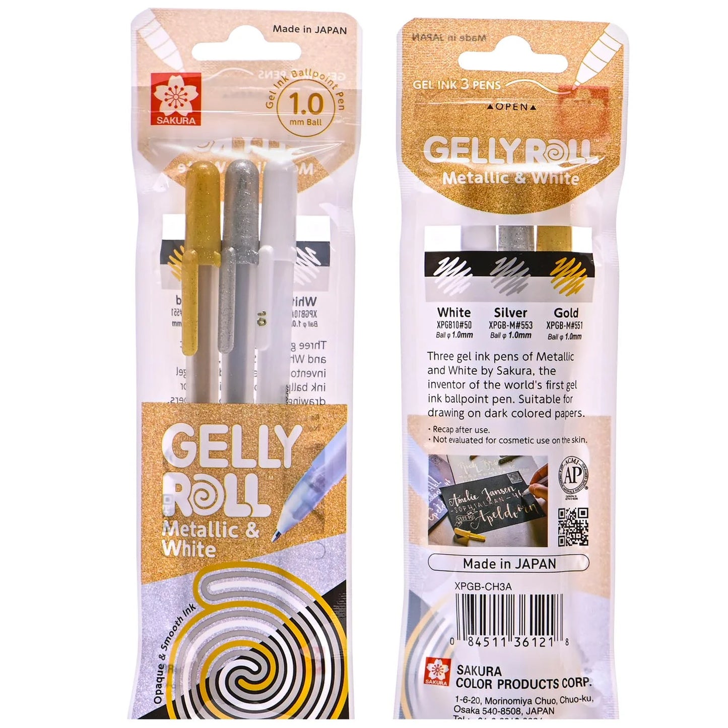 Set Lápiz Gel Gelly Roll Sakura 3 Colores :Oro-Plata-Blanco