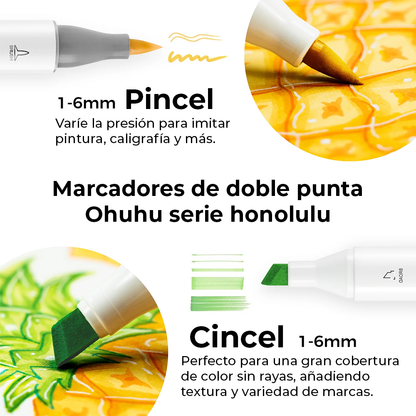 Set 6 Marcadores Honolulu base alcohol de doble punta: Pincel y Cincel  - colores básicos