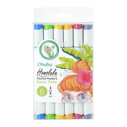 Set 6 Marcadores Honolulu base alcohol de doble punta: Pincel y Cincel  - colores básicos