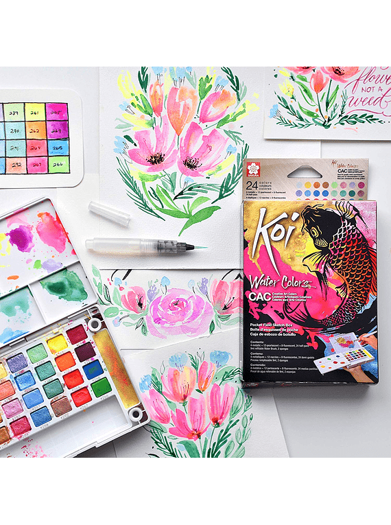 Set de Acuarela en pastillas  Koi 24 colores creativos con water brush